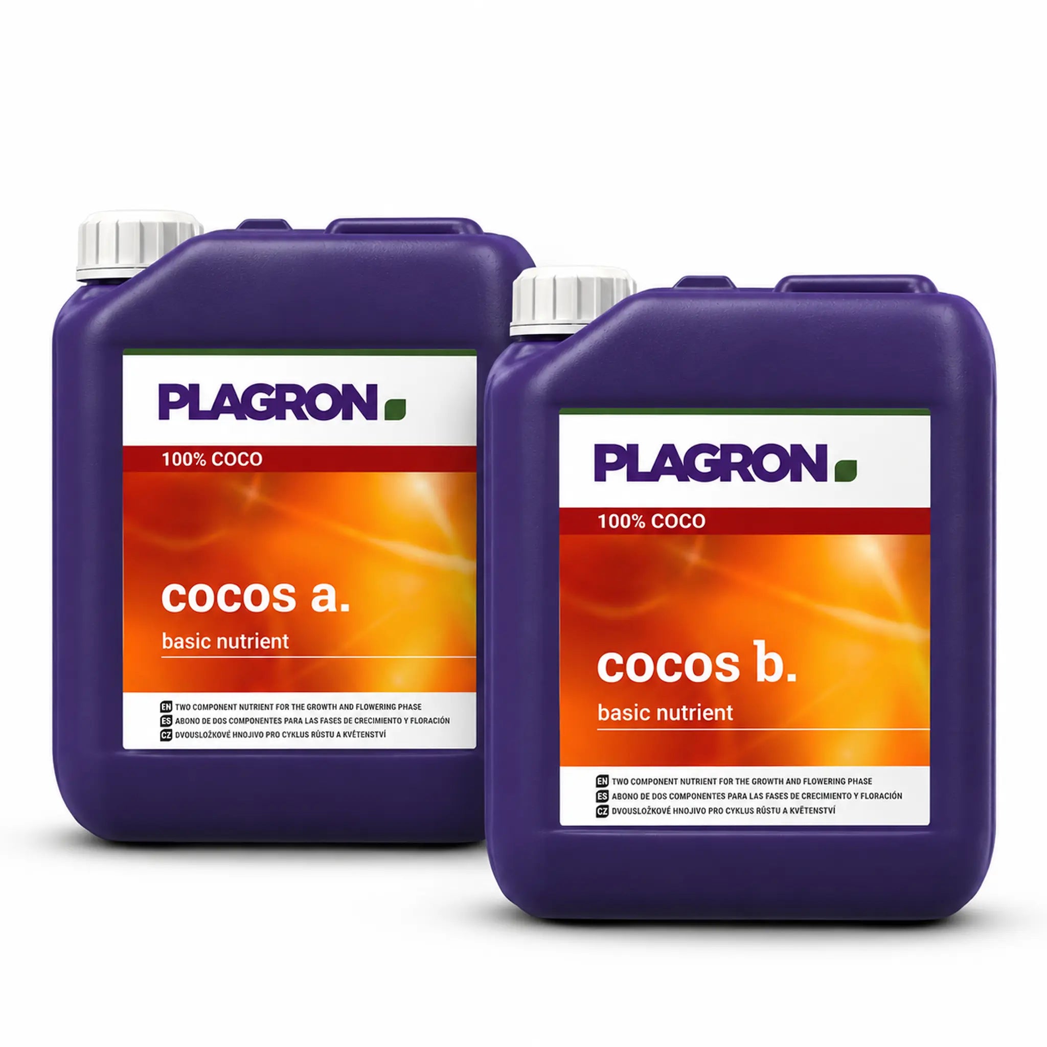 Two purple plastic jugs of Plagron Coco basic nutrient, labeled 'cocos a.' and 'cocos b.', on a clean white background.